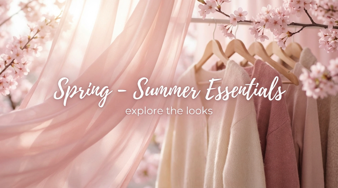 Spring fashion banner with cherry blossoms and pastel garments